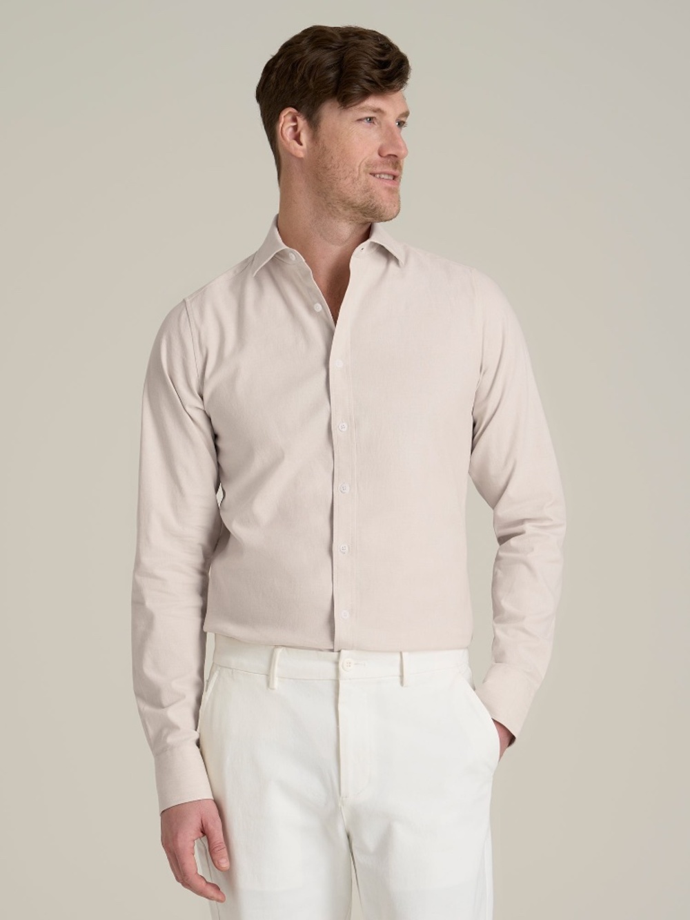 American Tall Stretch Linen Dress Shirt for Tall Men in Light Stone Size S Tall